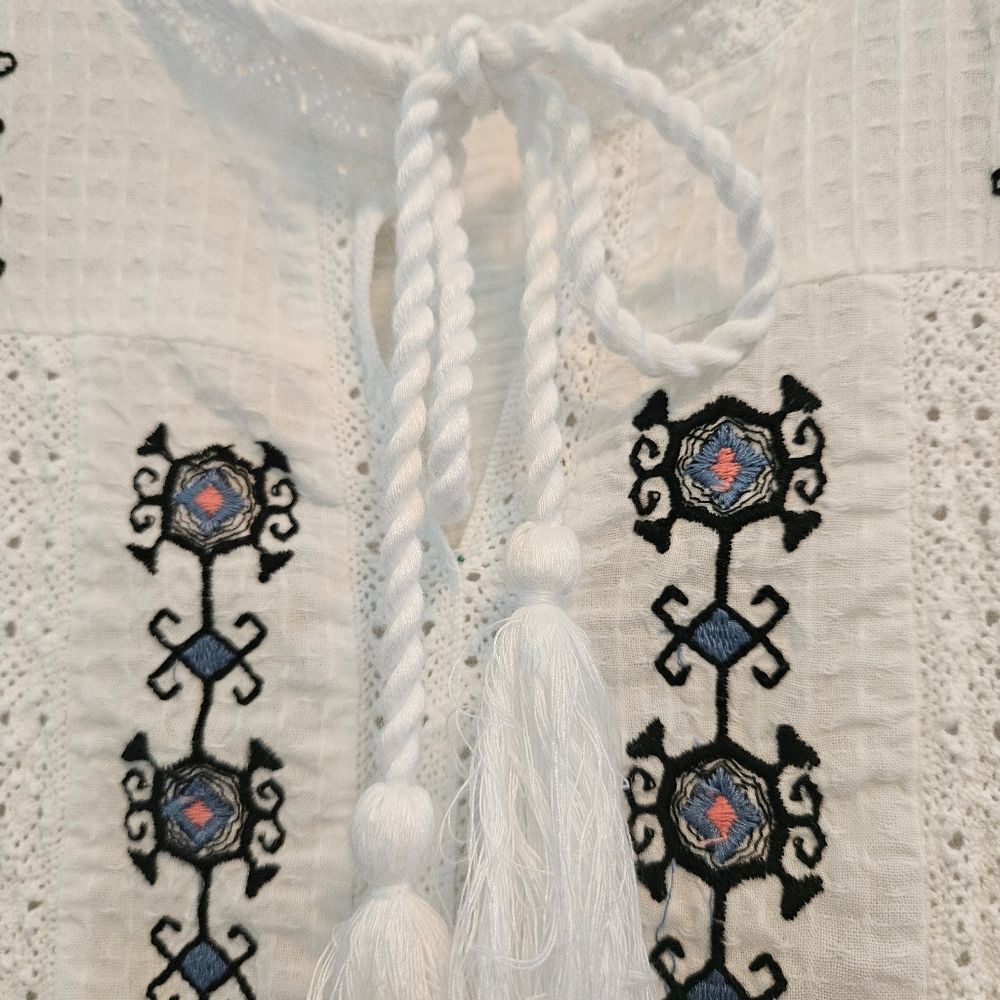 Philosophy Anthropologie Top Blouse Women Size XL White Blue Embroidery Boho - Picture 6 of 13